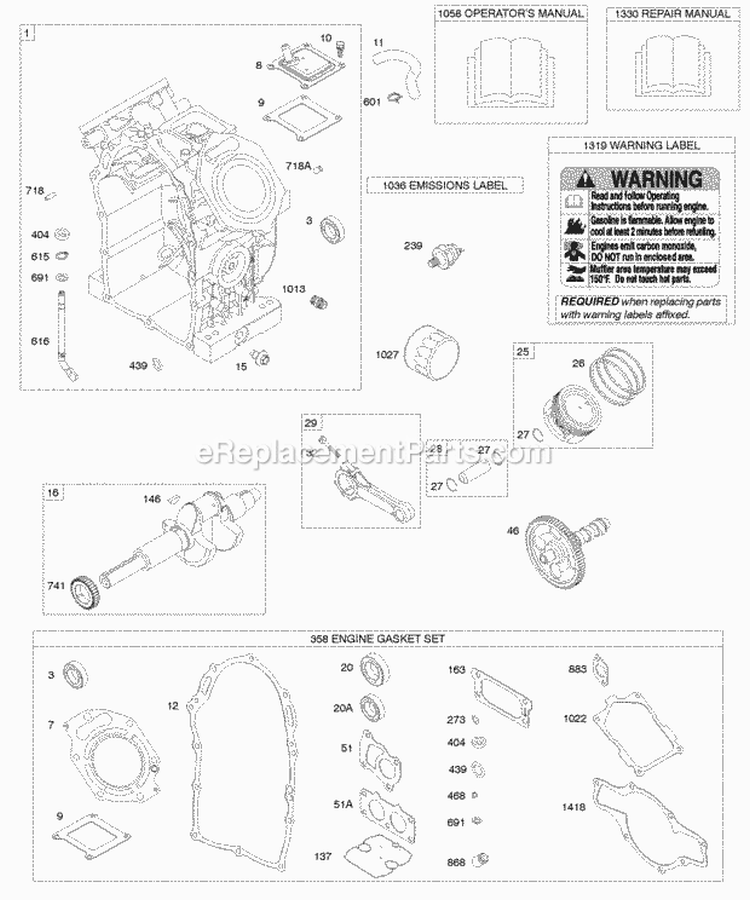 Camshaft Crankshaft Cylinder Manual Warning Label Engine Gasket Set Piston RingsConnecting Rods Diagram and Parts List for 474177-0100-E1  Briggs and Stratton Engine